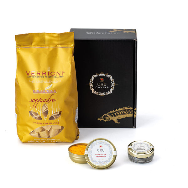 Pasta, butter with saffron and crunchy caviar